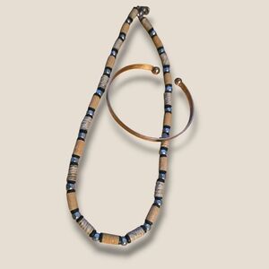 Handcrafted Tan and Black Beaded Necklace with Gold Metal Cuff Bracelet